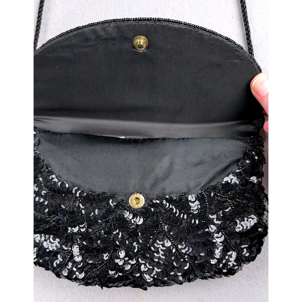 Vintage Black Silver Sequin Beaded Evening Clutch Crossbody Bag Formal Party